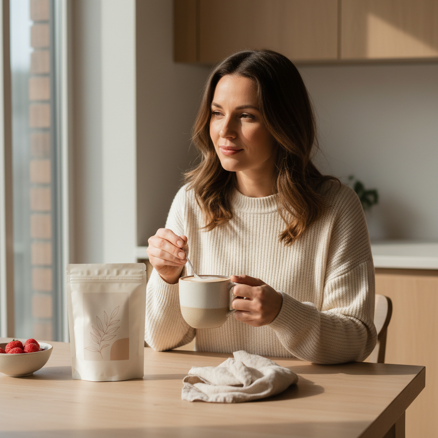 Escena de desayuno con una mujer mezclando colageno en una bebida caliente, para ilustrar si vale la pena tomar colageno.