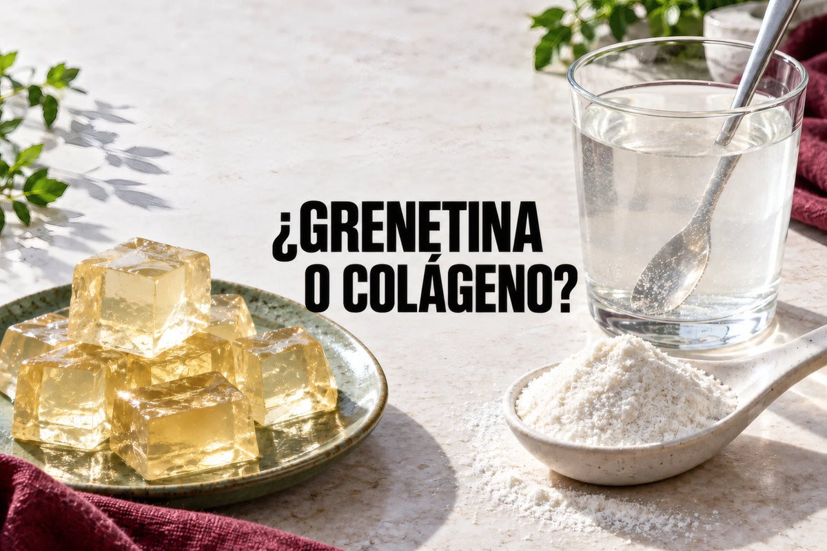 ¿Grenetina o colágeno? Contraste entre gelatina cuajada, polvo y una bebida.
