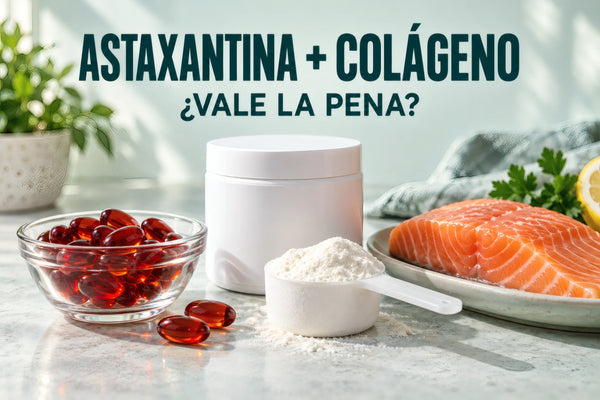 Astaxantina y colageno: capsulas rojas, salmon y polvo blanco en envases genericos.
