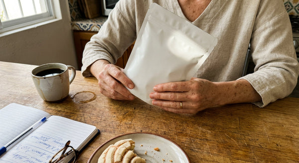 Manos de una mujer revisando con atención una bolsa blanca de suplemento sobre una mesa de cocina de madera, junto a una taza de café, un notebook con notas a mano y unos lentes — investigando antes de tomar colágeno