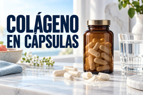Cápsulas de colágeno junto a una porción de colágeno en polvo.