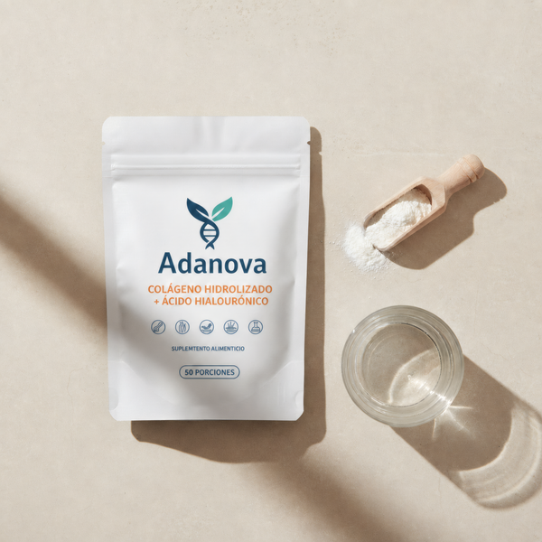 Bolsa de colágeno con etiqueta Adanova, scoop con polvo y vaso de agua sobre una superficie clara.