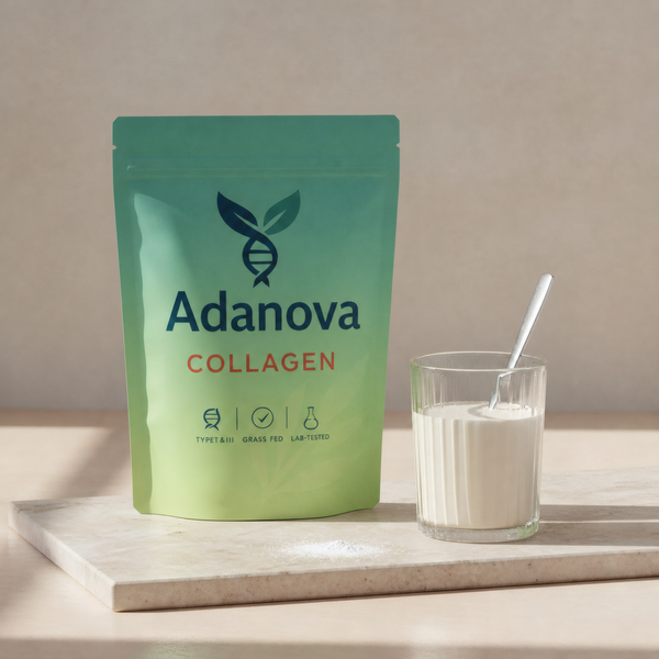 Bolsa Adanova Collagen junto a un vaso con bebida cremosa sobre una mesa clara.