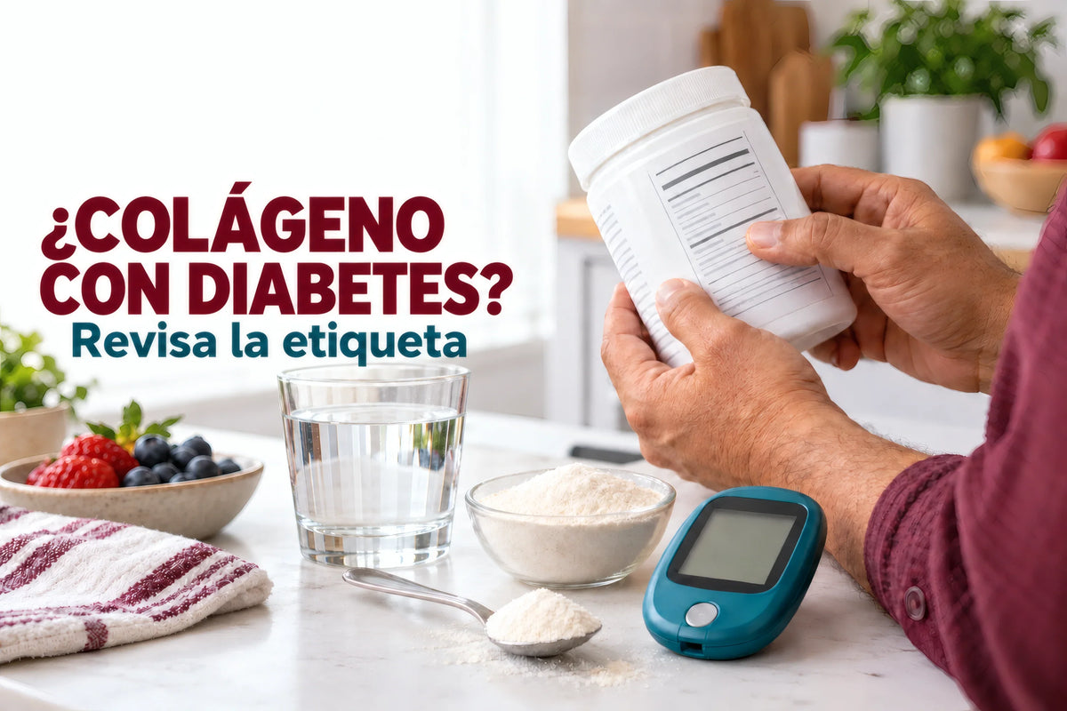Glucómetro sin lectura junto a polvo de colágeno y una persona revisando un frasco; ¿colágeno con diabetes?