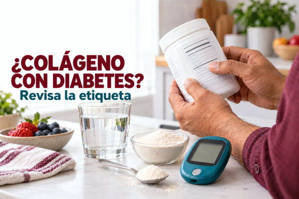 Glucómetro sin lectura junto a polvo de colágeno y una persona revisando un frasco; ¿colágeno con diabetes?