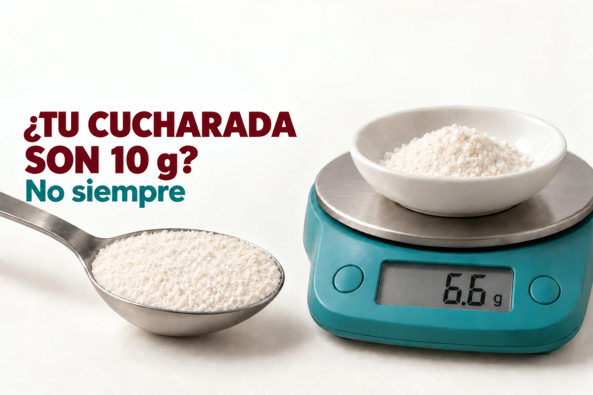 Ilustración del cálculo de una cucharada de colágeno: unos 6.6 g según densidad; no siempre son 10 g.