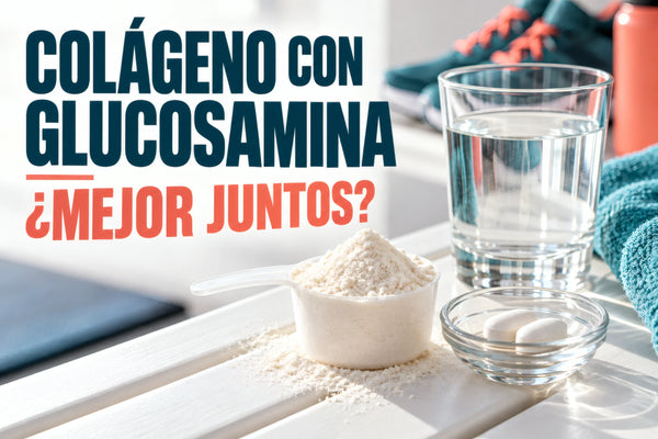 Colágeno en polvo y tabletas de glucosamina junto a equipo deportivo; ¿mejor juntos?