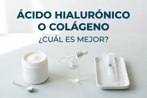 Ácido hialurónico o colágeno: polvo para tomar, sérum y jeringa de relleno en envases genéricos.