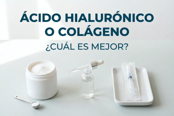 Ácido hialurónico o colágeno: polvo para tomar, sérum y jeringa de relleno en envases genéricos.