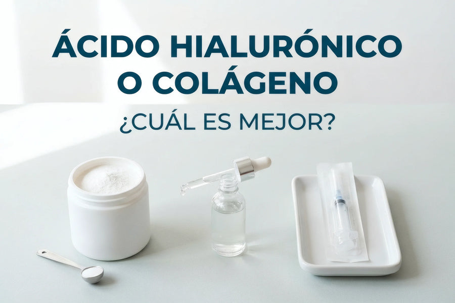 Ácido hialurónico o colágeno: polvo para tomar, sérum y jeringa de relleno en envases genéricos.