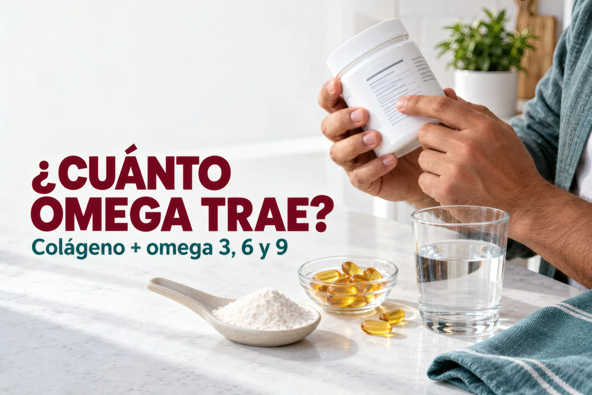 Colágeno en polvo y cápsulas de omega junto a una etiqueta: ¿cuánto omega trae?