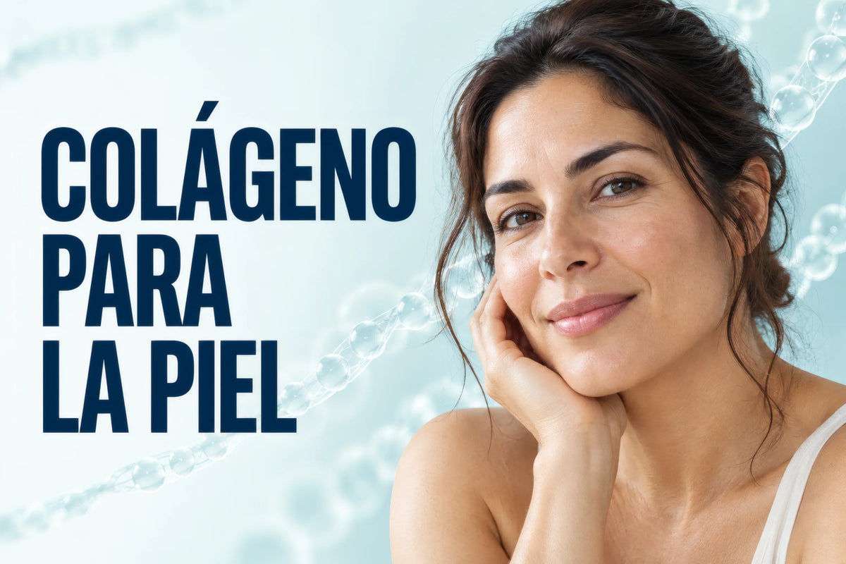 Colágeno para la piel junto al retrato natural de una mujer adulta.