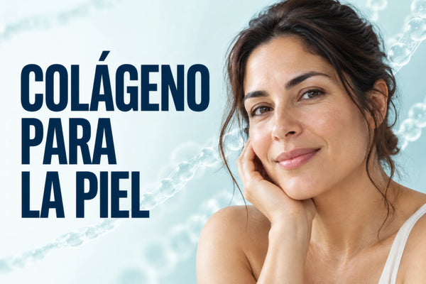 Colágeno para la piel junto al retrato natural de una mujer adulta.