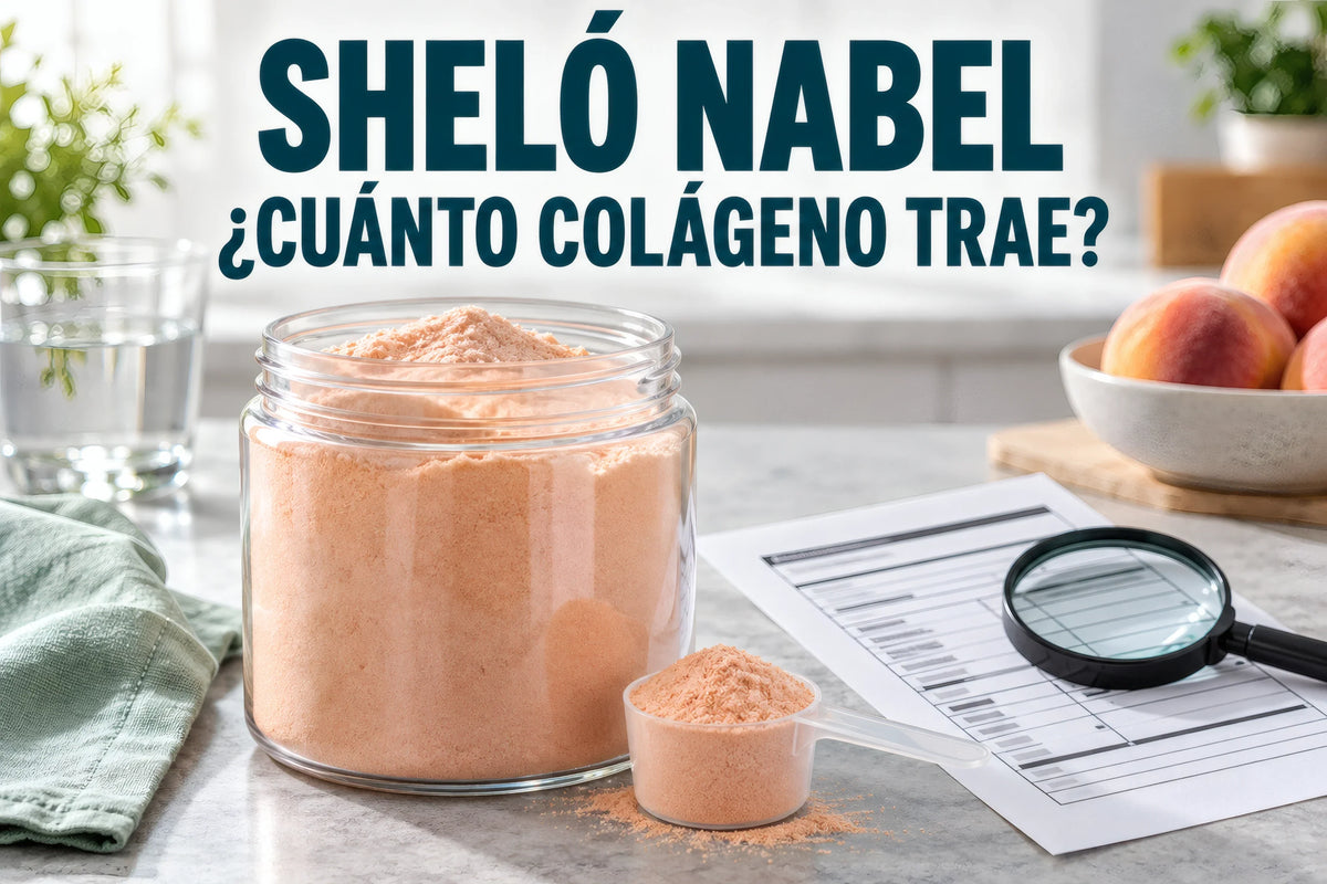 Frasco sin marca de polvo saborizado, cuchara y lupa; cuanto colageno trae Shelo Nabel.