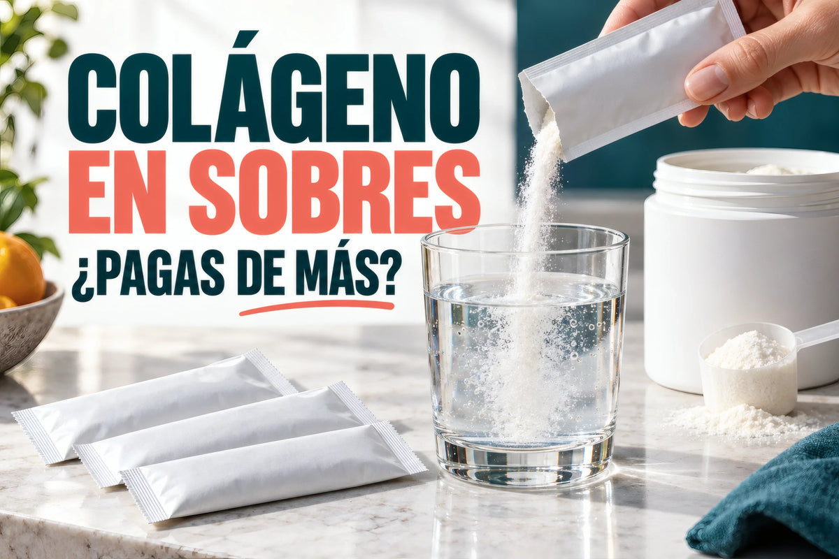 Sobre de colágeno vertido en agua junto a un frasco y una cuchara; ¿pagas de más?