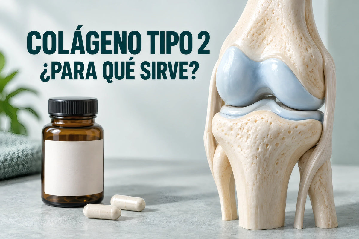 Modelo de rodilla con cartilago azul junto a capsulas de suplemento generico.