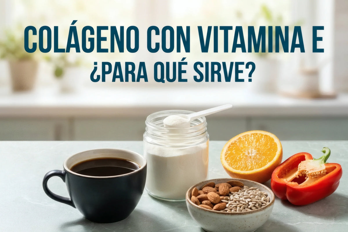 Colágeno en polvo junto a almendras, semillas de girasol, naranja y chile morrón; fuentes de vitamina E y vitamina C.