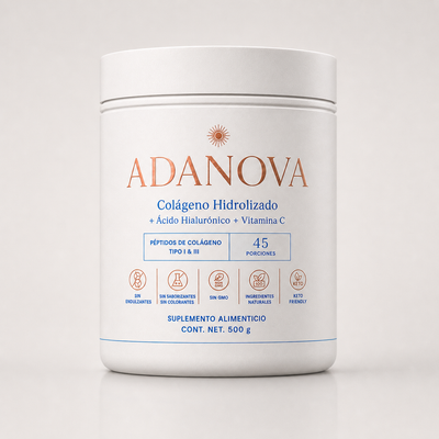 Frasco de colágeno hidrolizado Adanova con ácido hialurónico y vitamina C, 500 g y 45 porciones