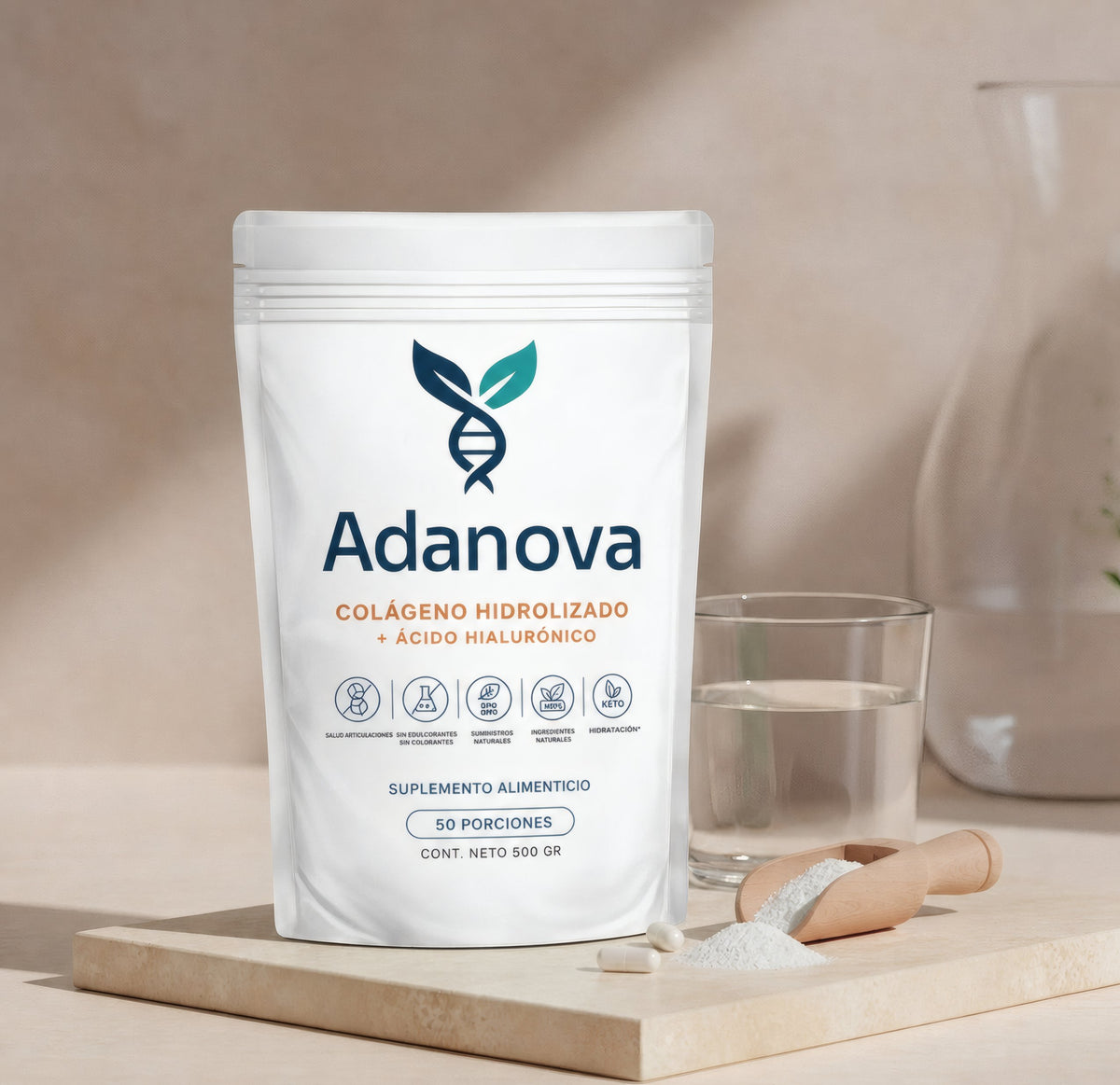 Adanova colágeno hidrolizado con ácido hialurónico, 500 g